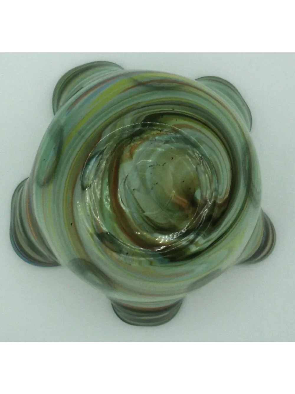 Hand Blown Art Glass Handkerchief Bowl Rainbow Swirl Ruffled  Edge Bowl